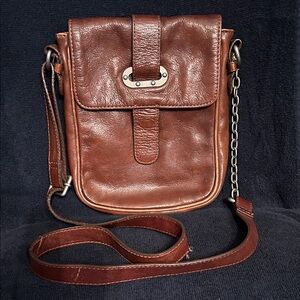 Tarnish Brown Leather Crossbody Bag with Leather & Chain Strap & Magnetic Snap